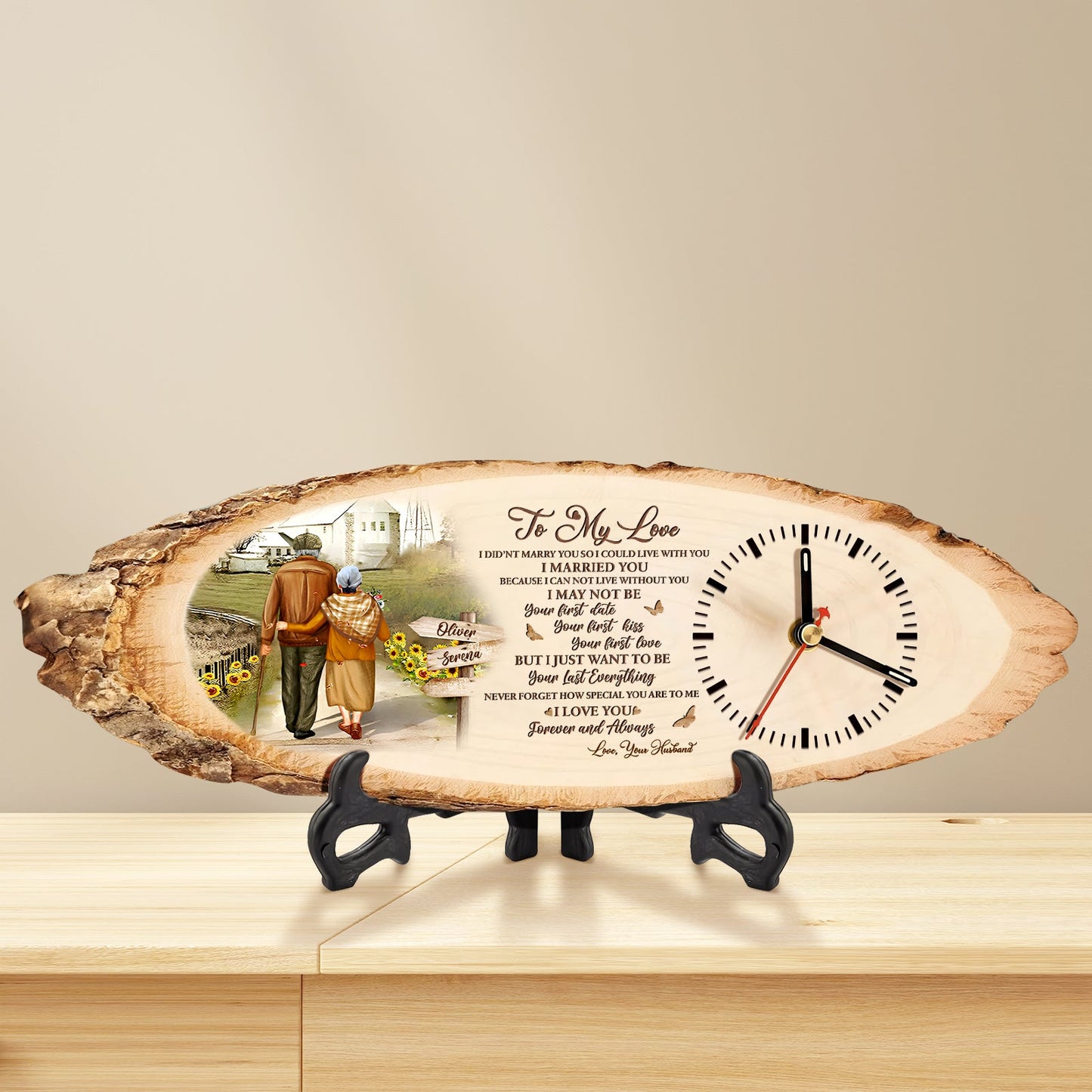 365Gifty personalized wooden clock for husband with romantic poem and vintage couple design on natural wood slice