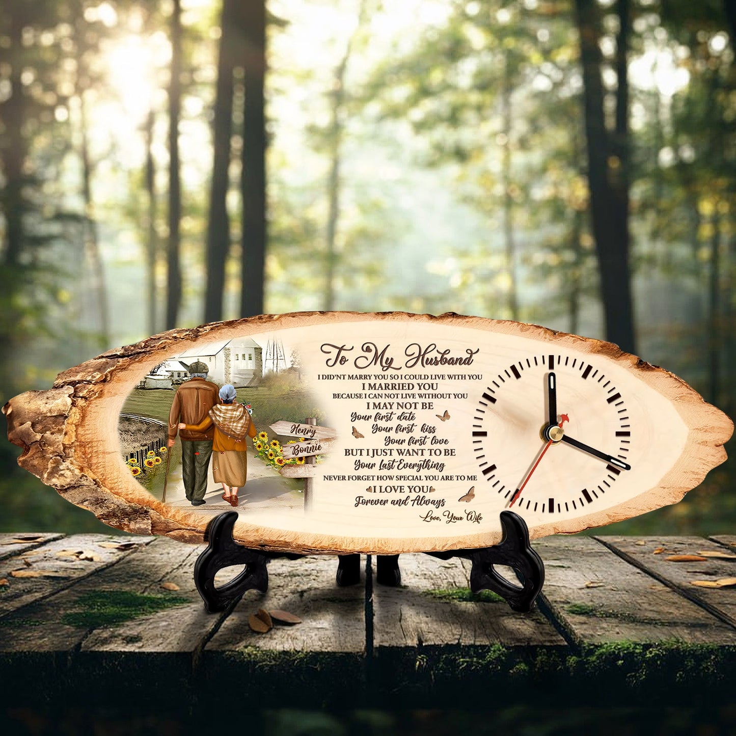 Personalized wooden clock for husband with romantic message and nature-inspired design on rustic wooden slab
