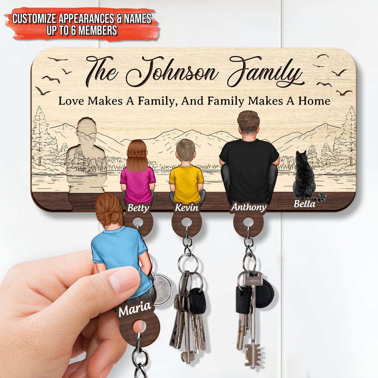 Personalized wooden key holder featuring the Johnson family design and key hooks for organization
