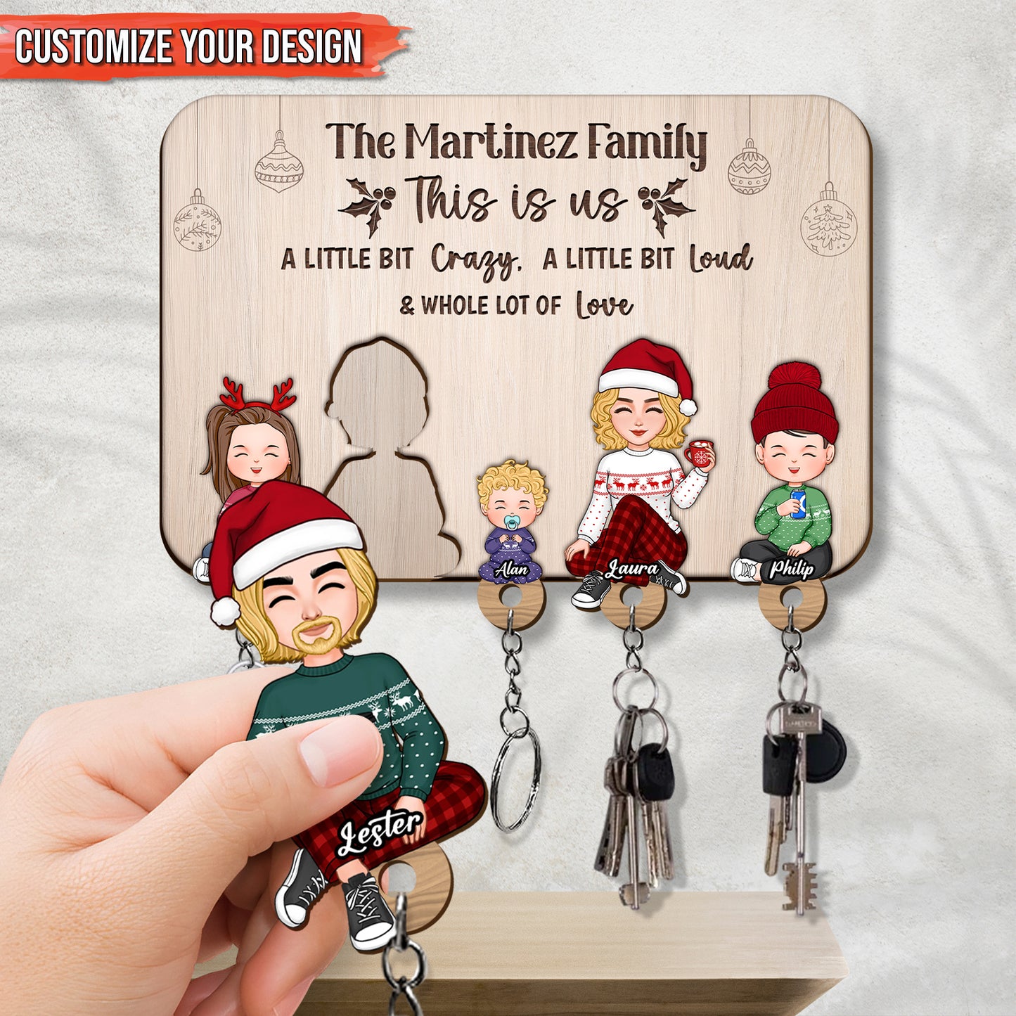 Personalized wooden key holder with customizable family design and key hooks for home organization