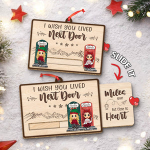 Personalized wooden slider card ornament with heartfelt message and festive design