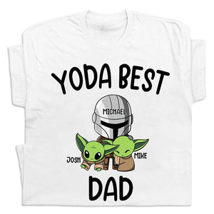 White personalized Yoda dad shirt with Yoda best dad design and custom names Michael Josh Mike