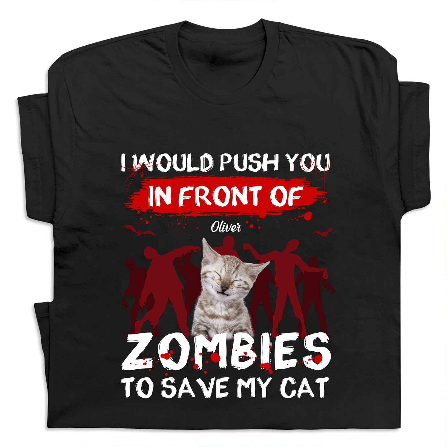 365Gifty personalized zombie pet shirt with cat graphic and zombie silhouettes in black