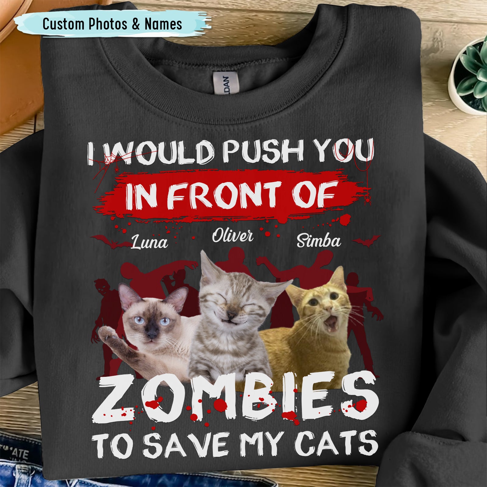 Personalized zombie pet shirt featuring pet names with zombie graphics for cat lovers