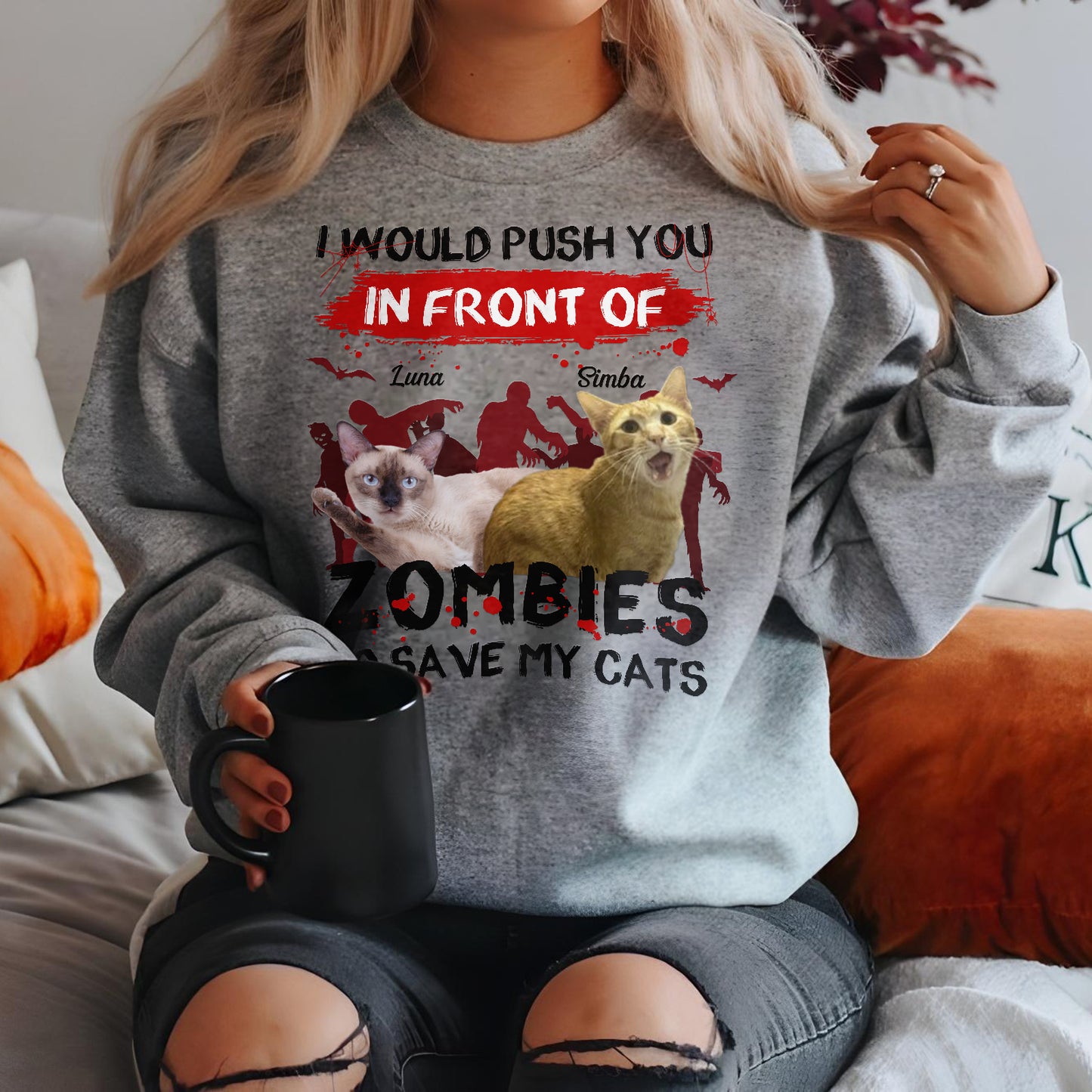 Gray personalized zombie pet shirt with cat designs and text about pushing zombies and saving cats