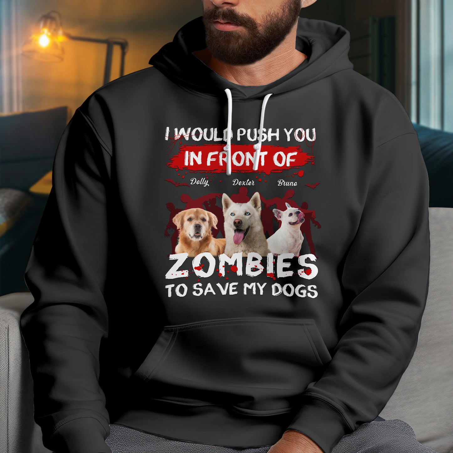 Personalized zombie pet shirt black hoodie featuring three dogs and zombie themed text
