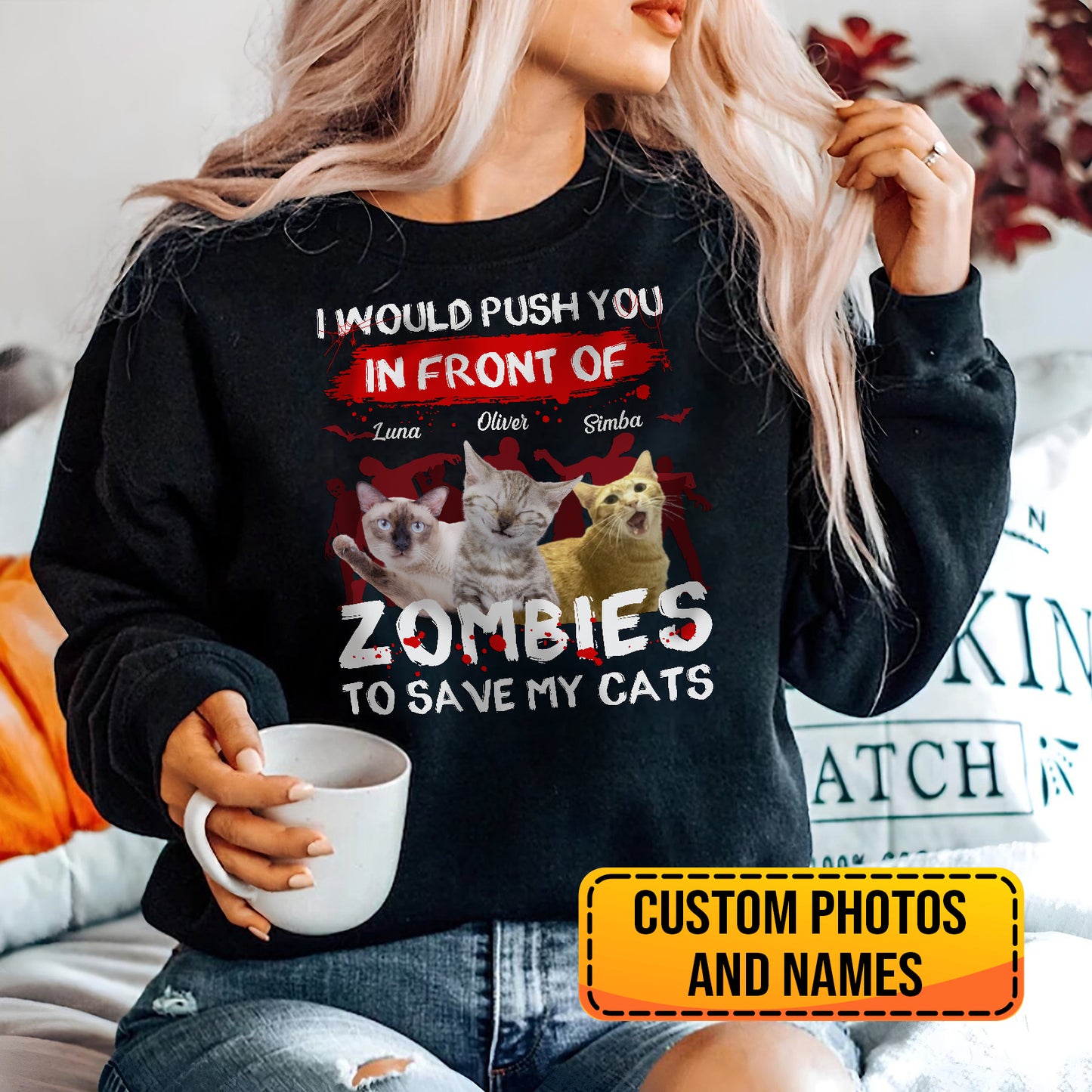 Black personalized zombie pet shirt with custom photos and names of three cats and zombie theme