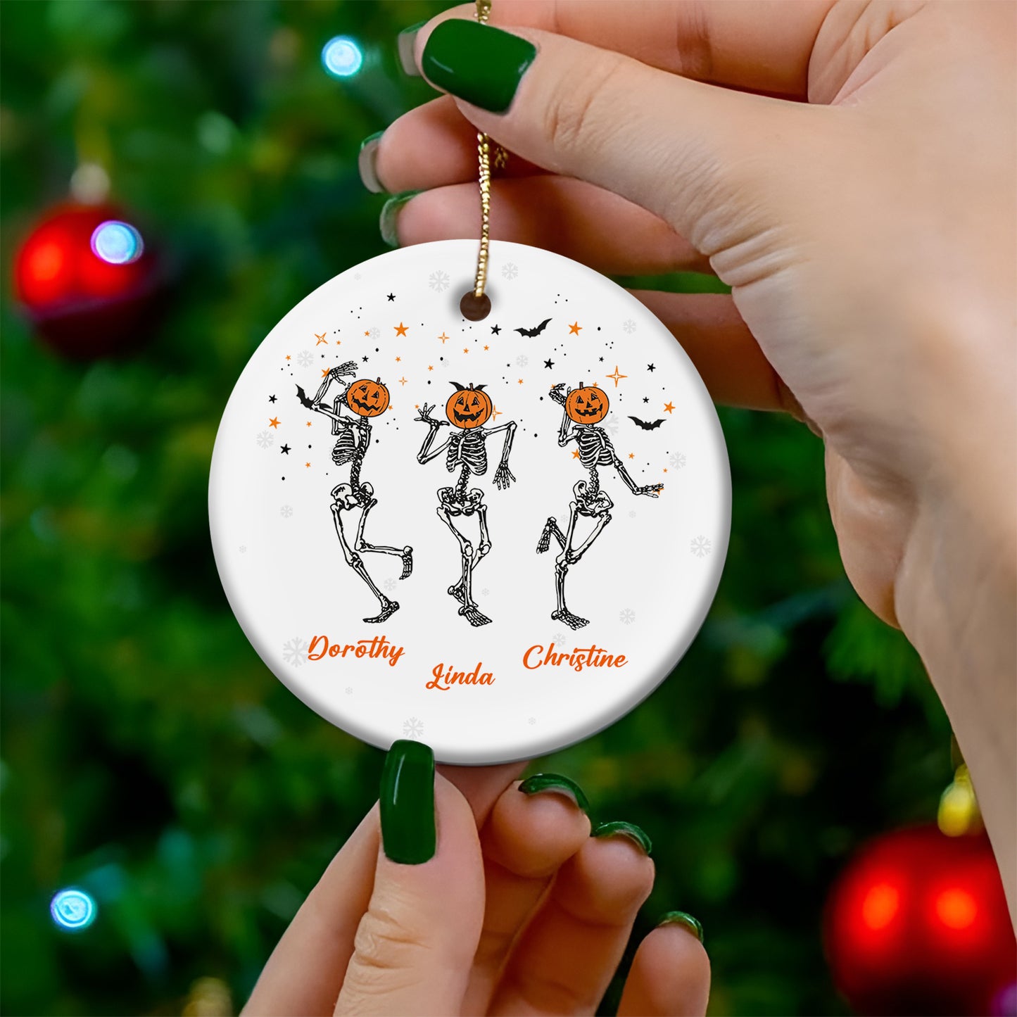 Round white ornament showing three dancing skeletons with pumpkin heads and personalized names unique ghost friends Christmas gift