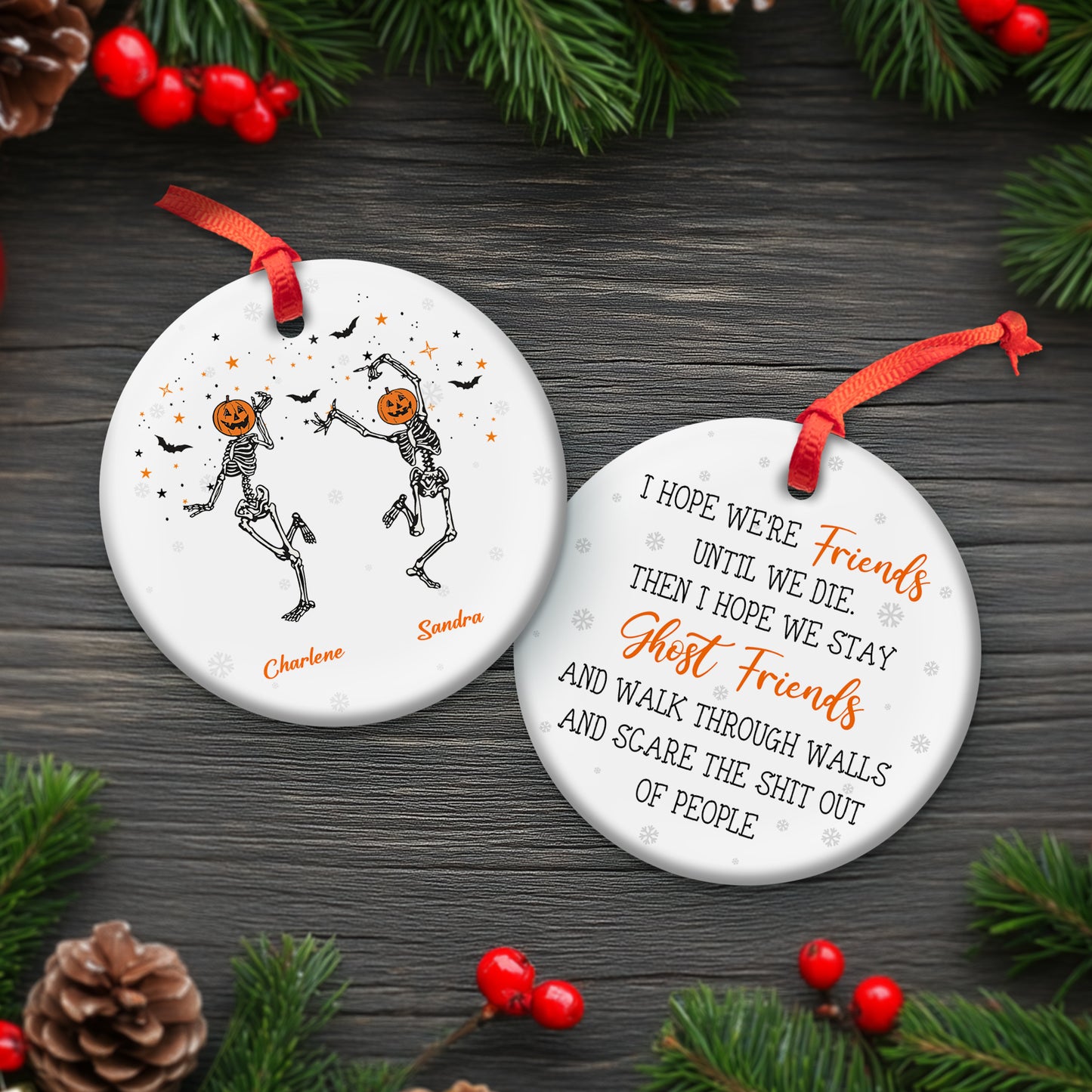 365Gifty cream sweatshirt featuring three pumpkin head skeletons names and spooky text unique ghost friends Christmas gift