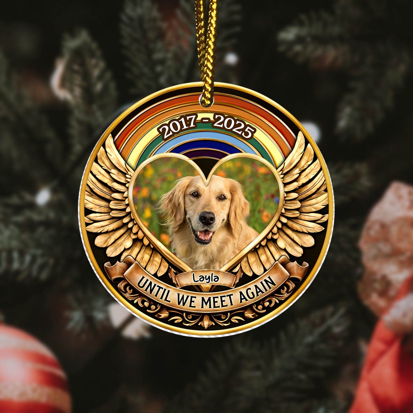 Round gold personalized pet memorial ornament with heart photo of golden retriever wings dates 2017 to 2025