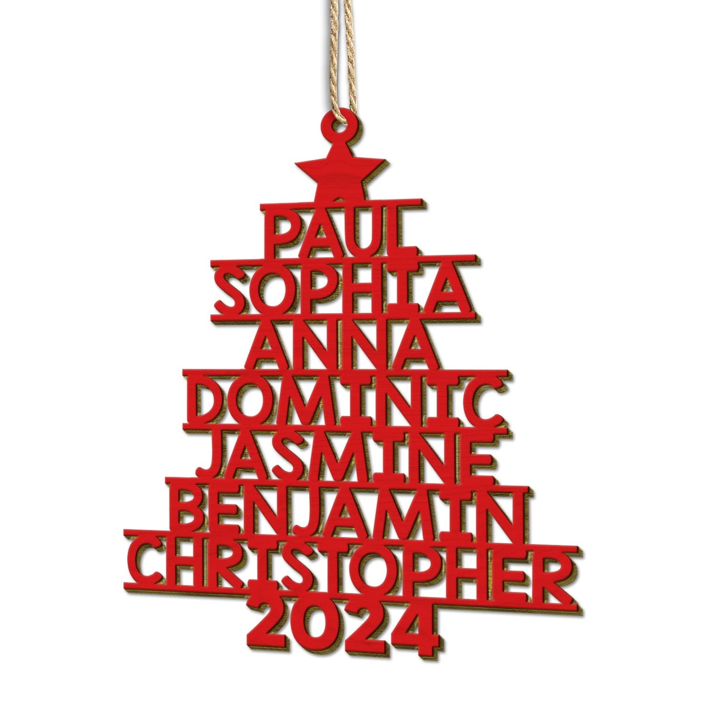 Red personalized Christmas tree ornament shaped like a tree with names and 2024 year from 365Gifty