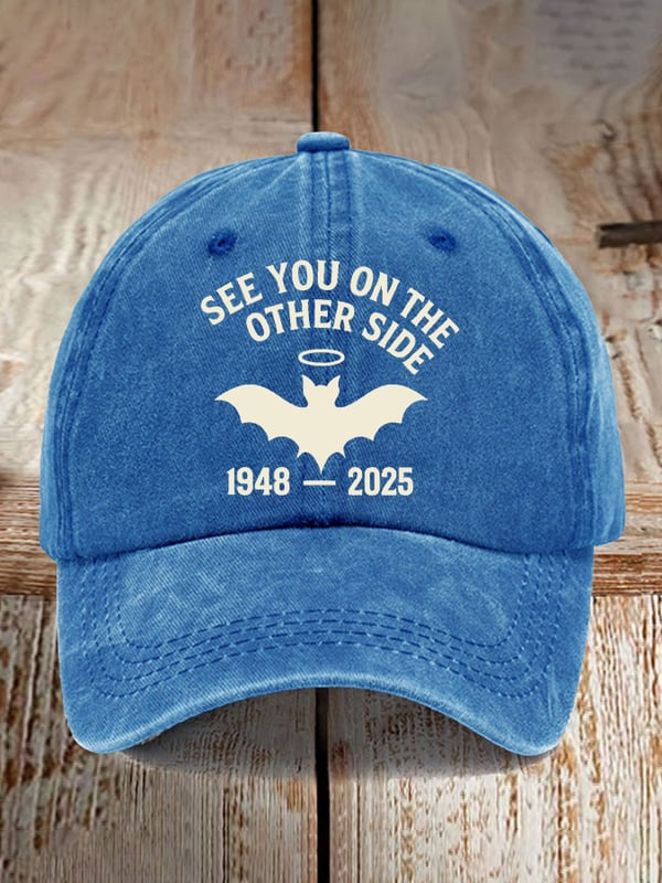 Blue retro baseball cap with See You On The Other Side design and bat graphic