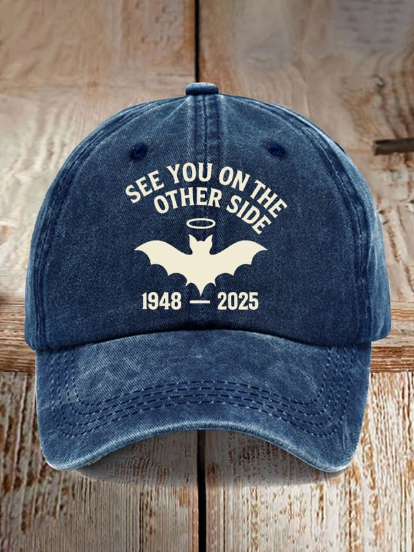 365Gifty retro baseball cap in faded blue with See You On The Other Side bat graphic and years 1948-2025
