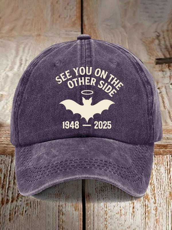 365Gifty retro baseball cap in faded purple with See You On The Other Side bat design and dates 1948–2025