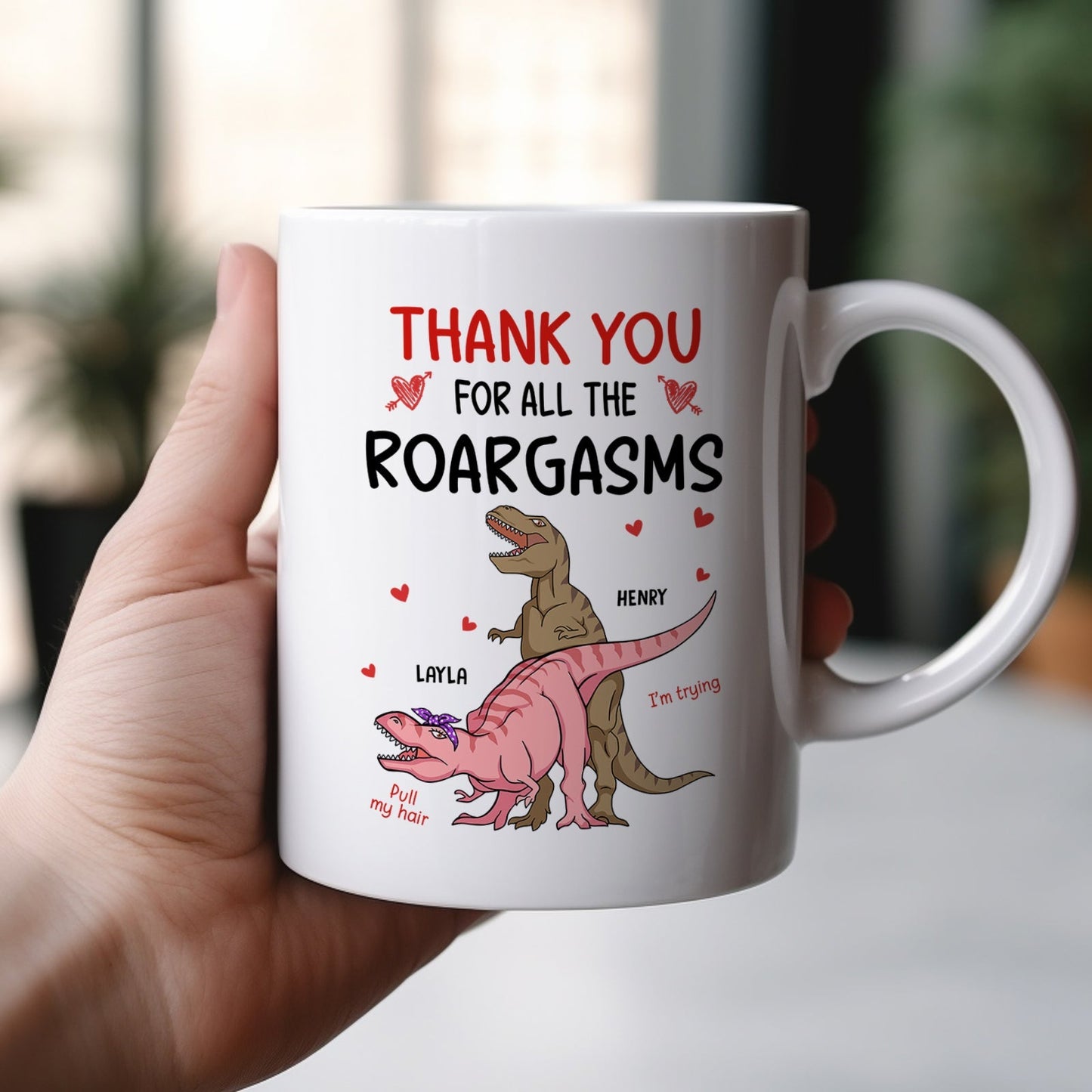White mug with humorous dinosaur couple and Thank you for all the Roargasms text custom anniversary gifts for couples