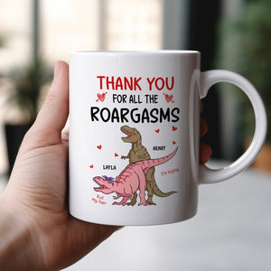 White mug with humorous dinosaur couple and Thank you for all the Roargasms text custom anniversary gifts for couples