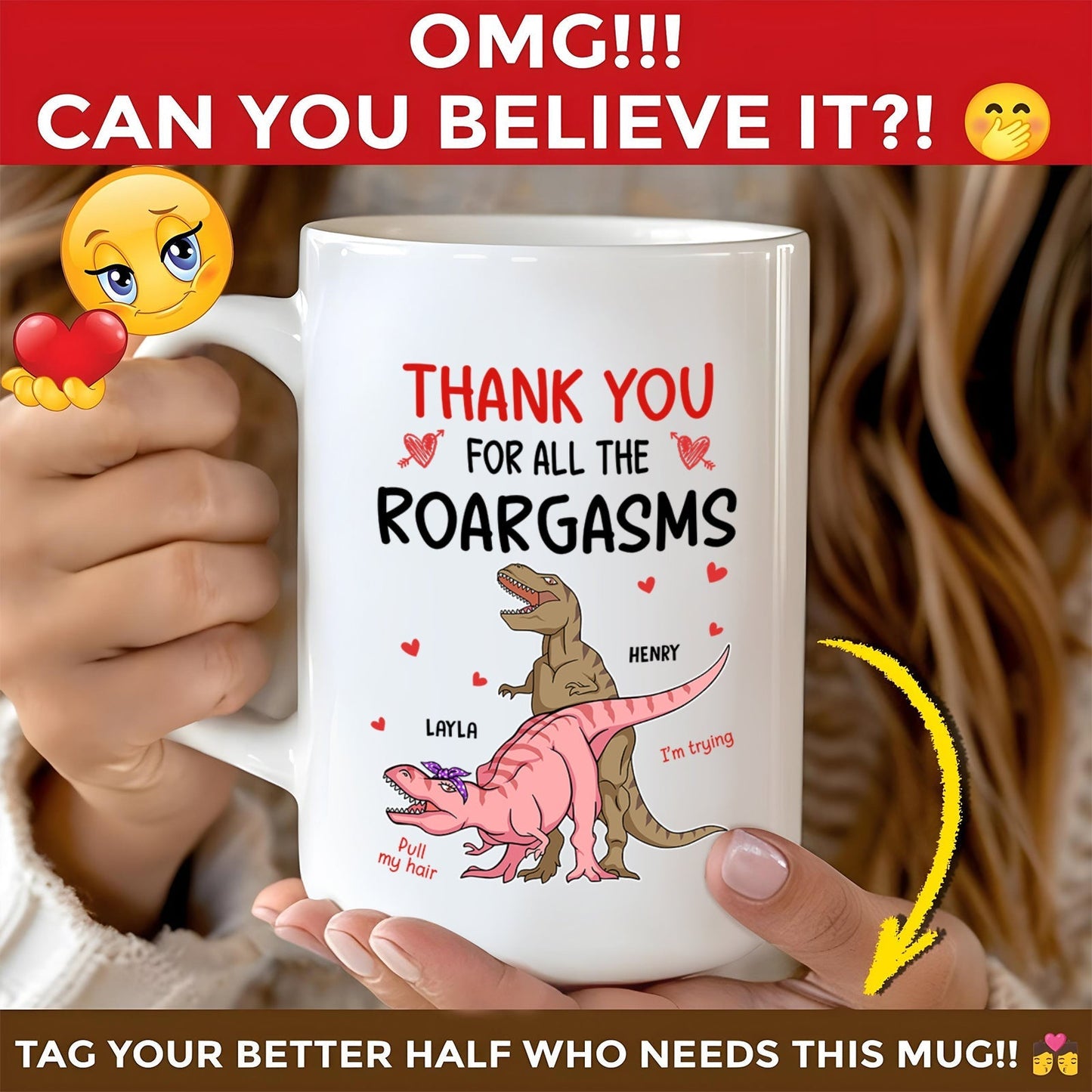 White ceramic mug with playful cartoon dinosaurs and text Thank You For All The Roargasms custom anniversary gifts for couples