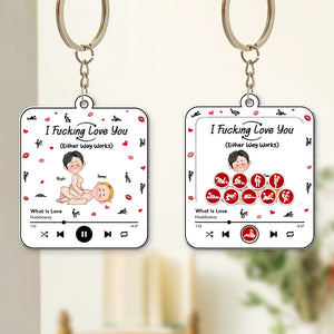 Unique romantic shaking keychain featuring playful graphics and sweet message for couples
