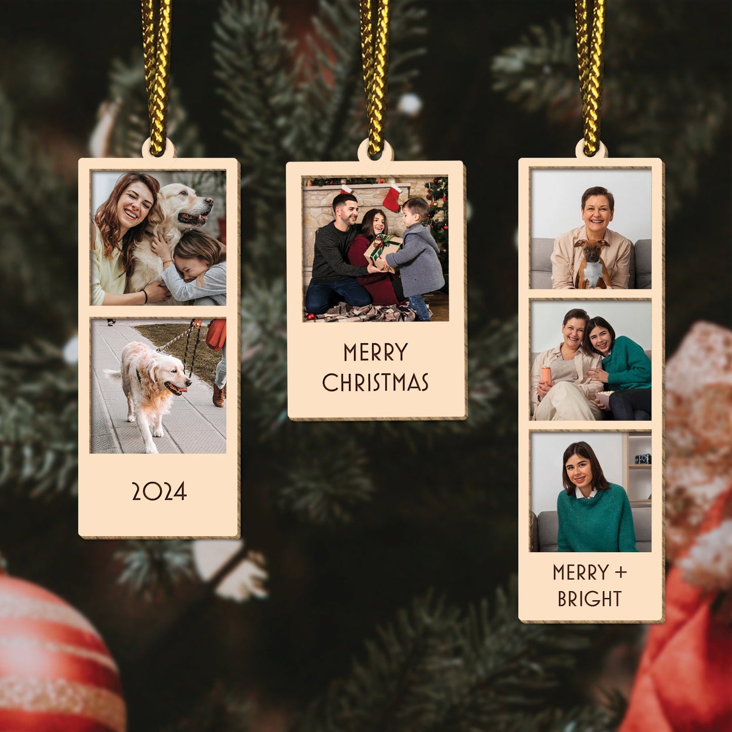 365Gifty personalized Christmas photo ornament with family photos and holiday greetings hanging on tree