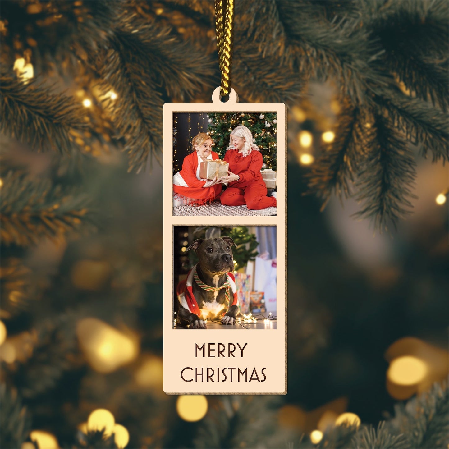 365Gifty personalized Christmas photo ornament with two photo slots and Merry Christmas text hanging on tree