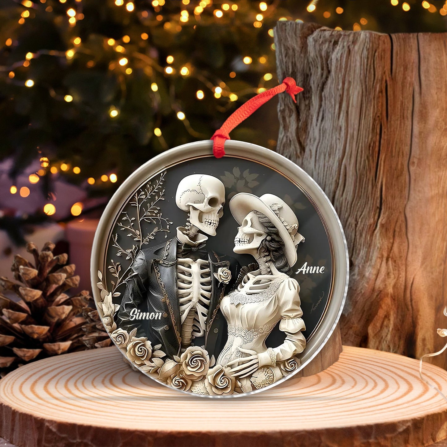 Personalized Halloween couple ornament featuring skeleton bride and groom with names Simon and Anne