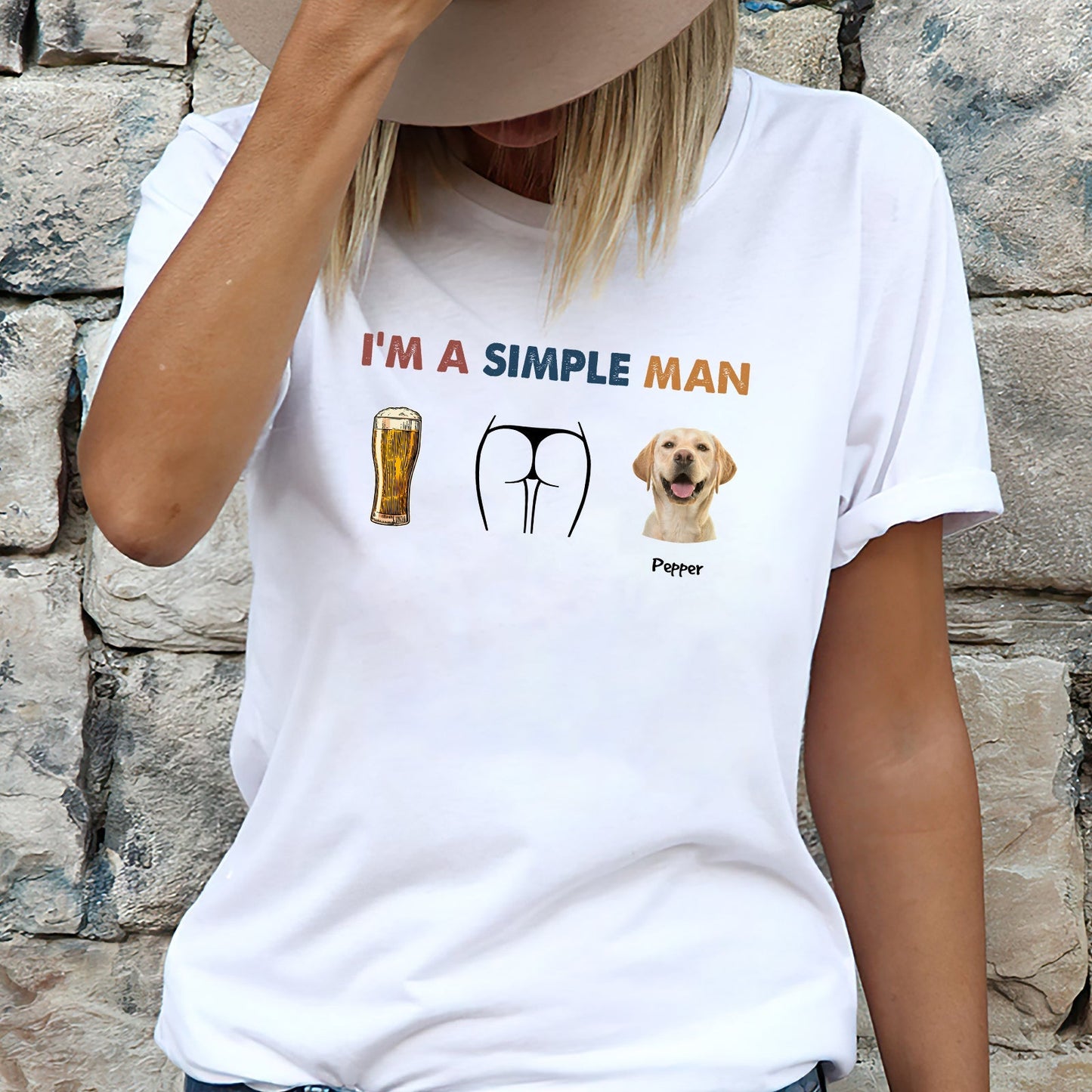 White I am a simple man dog shirt with beer, butt sketch, and dog print worn by woman