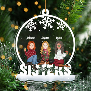 Custom Holiday Ornament with Three Cartoon Sisters Celebrating Together in Cozy Sweaters