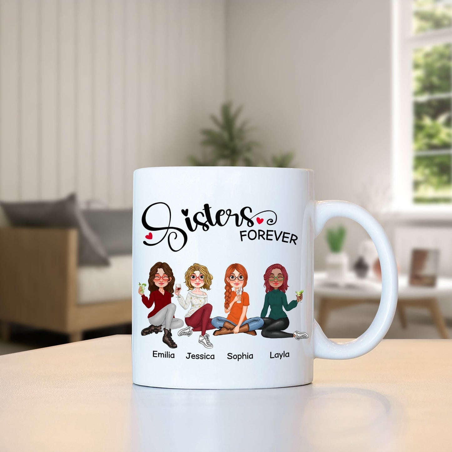365Gifty sisters forever gift mug with cartoon sisters Emilia Jessica Sophia and Layla holding drinks