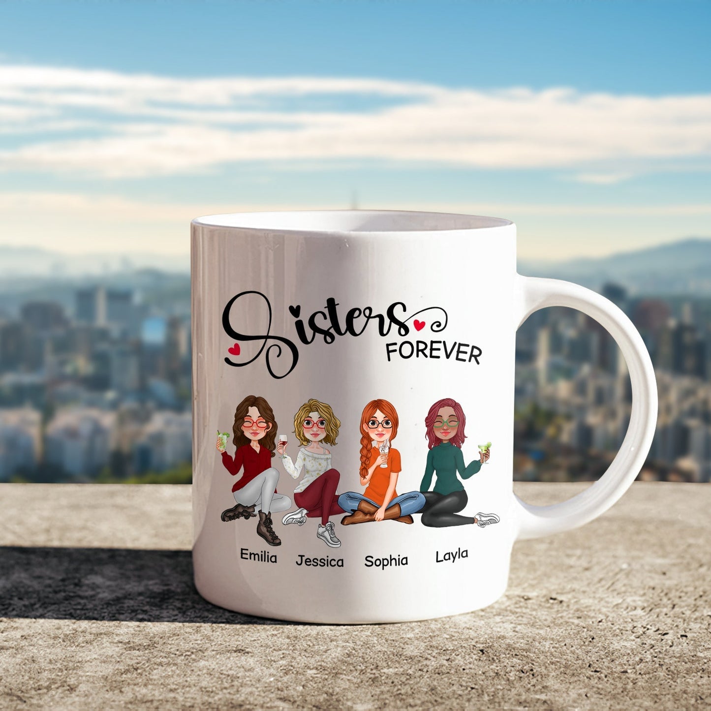 White sisters forever gift mug with cartoon women and personalized names Emilia Jessica Sophia Layla