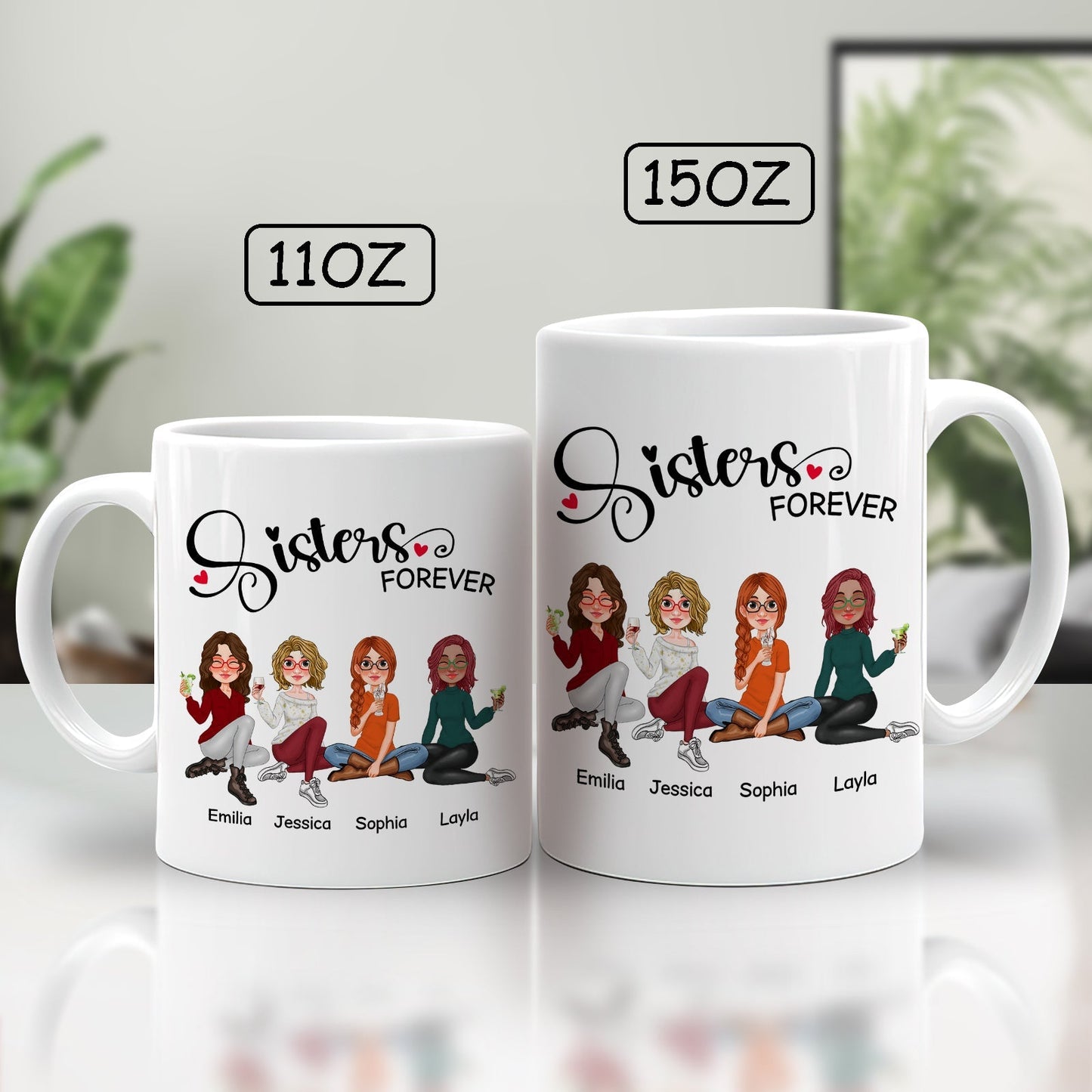 Sisters forever gift mug with illustrated sisters and personalized names in 11oz and 15oz sizes