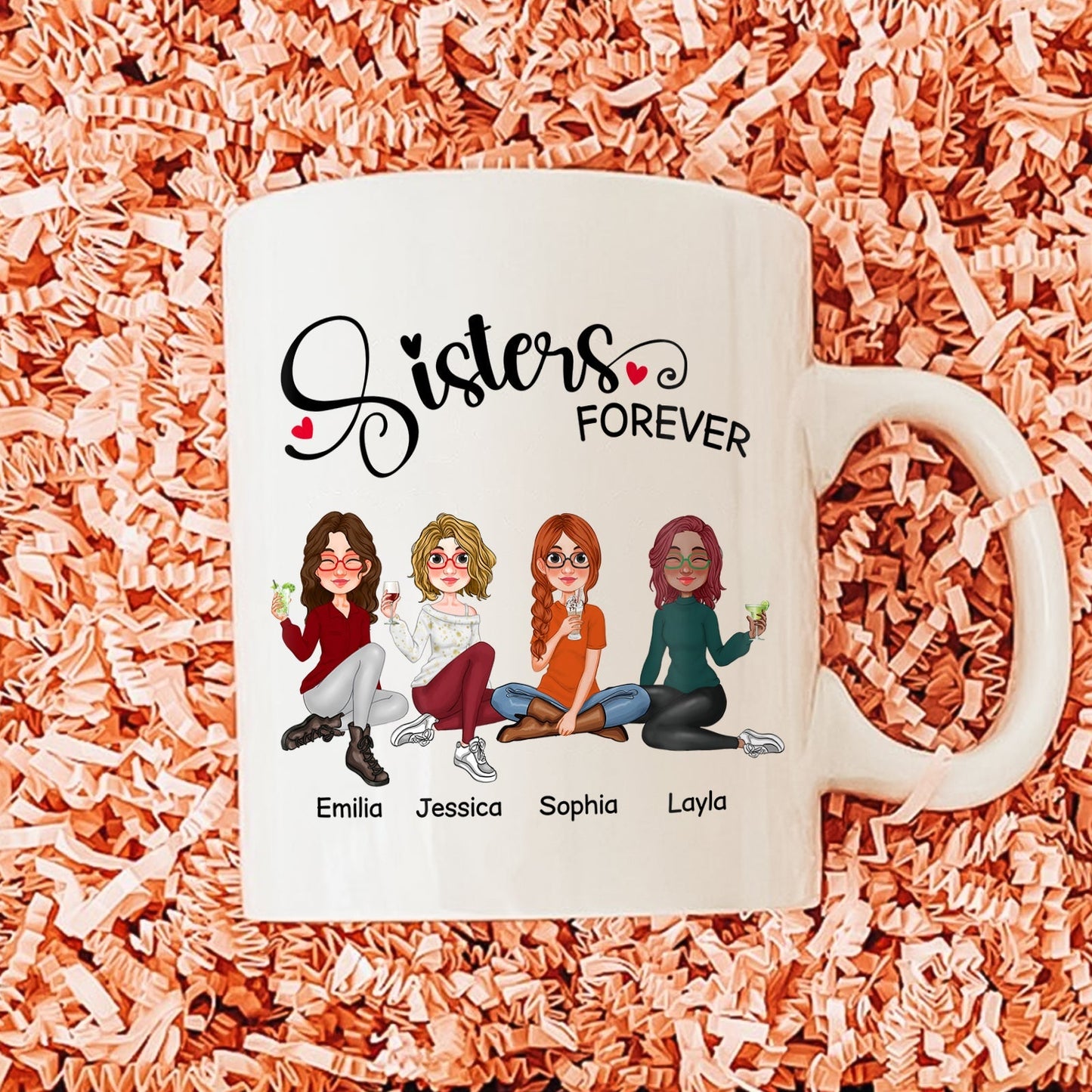 White sisters forever gift mug with cartoon sisters Emilia Jessica Sophia Layla sitting and holding flowers