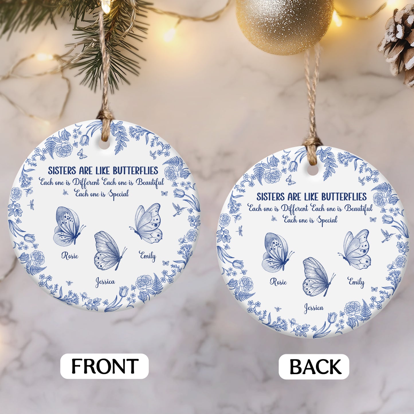 Blue floral round ceramic personalized sister ornament showing three butterflies labeled Rosie Emily Jessica