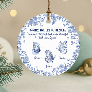 365Gifty personalized sister ornament white round ceramic with blue floral border three butterflies and names Rosie Emily Jessica