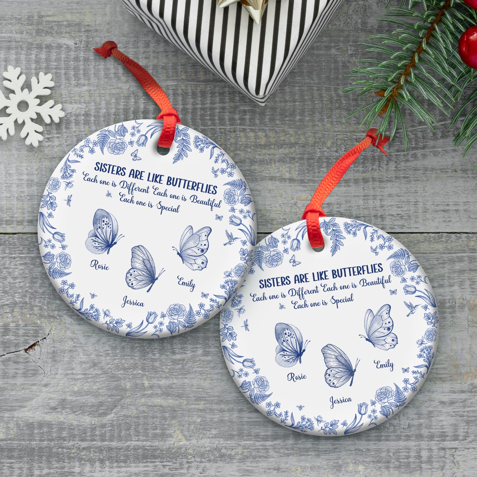 personalized sister ornament round white ceramic with blue butterfly design red ribbon custom names printed