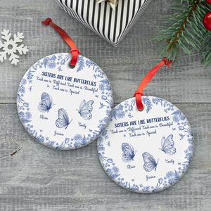 personalized sister ornament round white ceramic with blue butterfly design red ribbon custom names printed