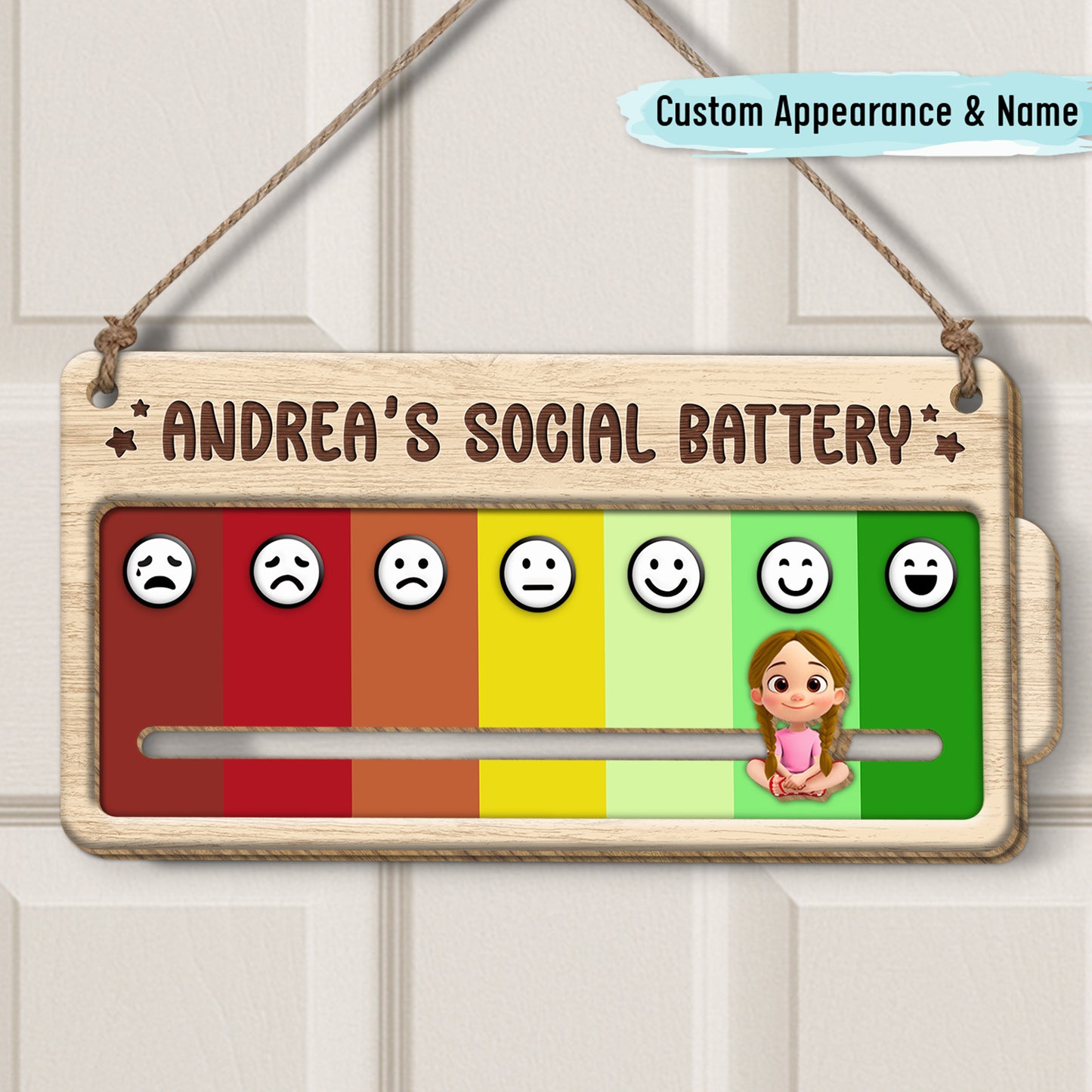 Wooden personalized door sign social battery meter with sliding indicator and colorful mood bars and emoji faces