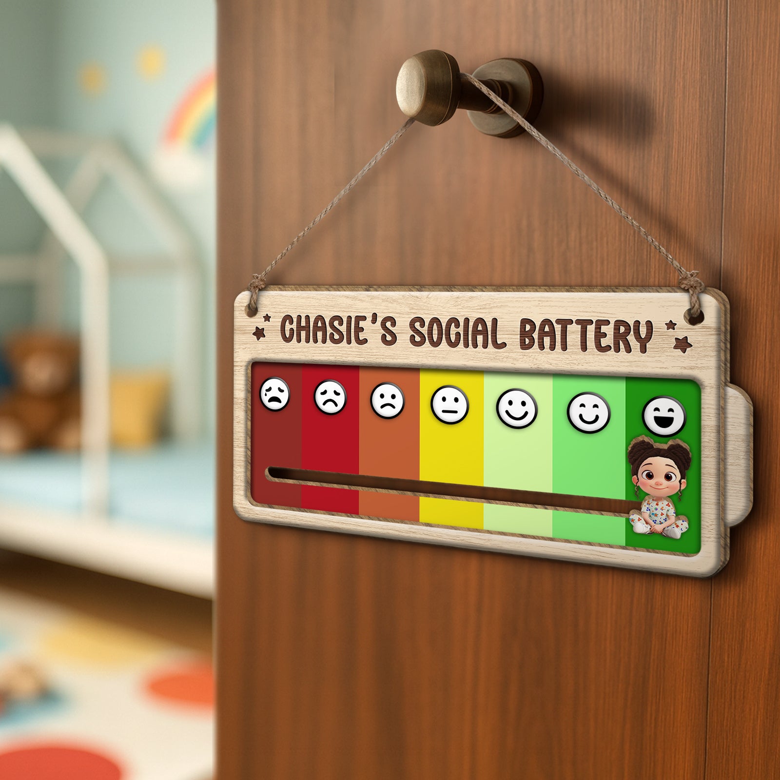 Wooden personalized door sign hanging on a bedroom door showing Chasies social battery mood meter with colorful emoji faces