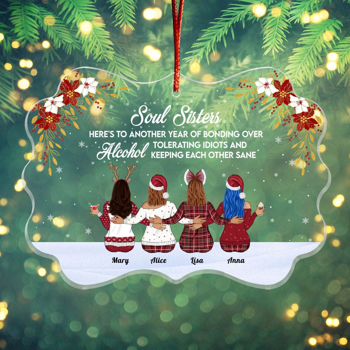 personalized best friend ornament showing four friends in holiday sweaters with custom names and pine branch background