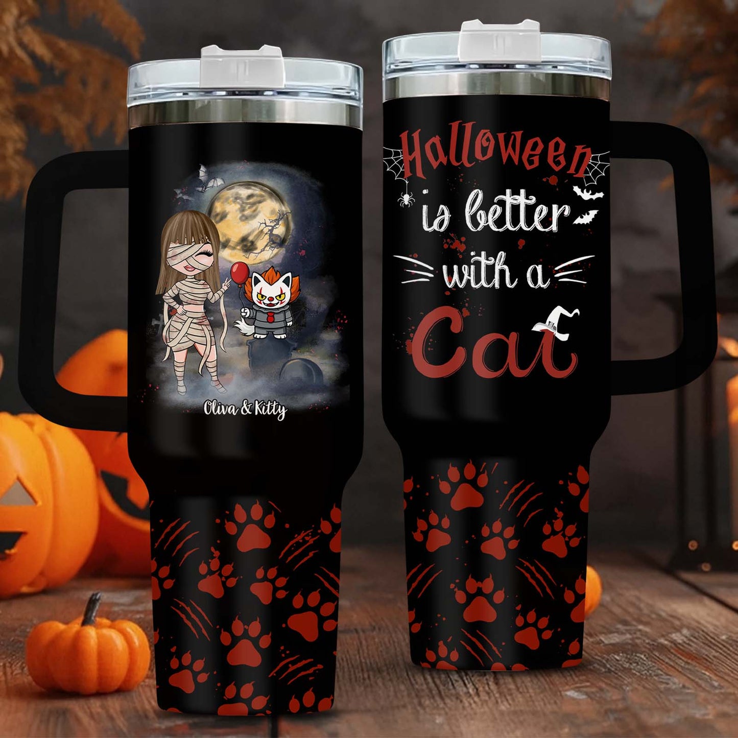 365Gifty personalized Halloween tumbler featuring mummy girl and cat design full moon and paw prints