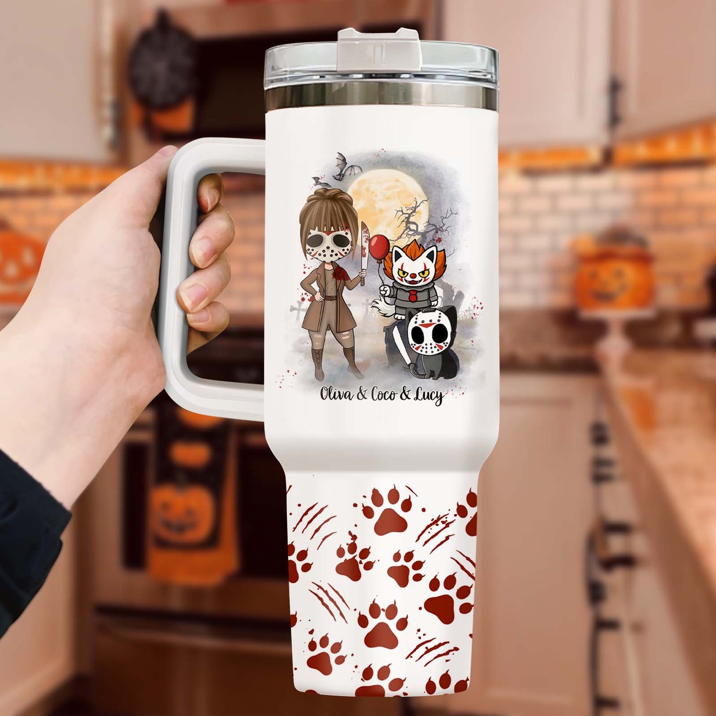 White personalized Halloween tumbler with handle featuring chibi horror characters moon art and paw print pattern