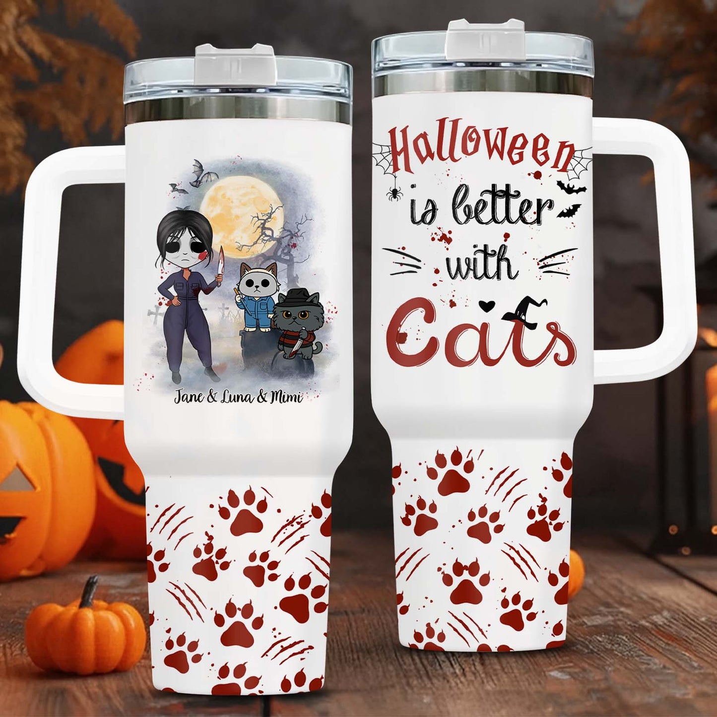 365Gifty personalized Halloween tumbler with cat paw prints spooky moon and custom character names1