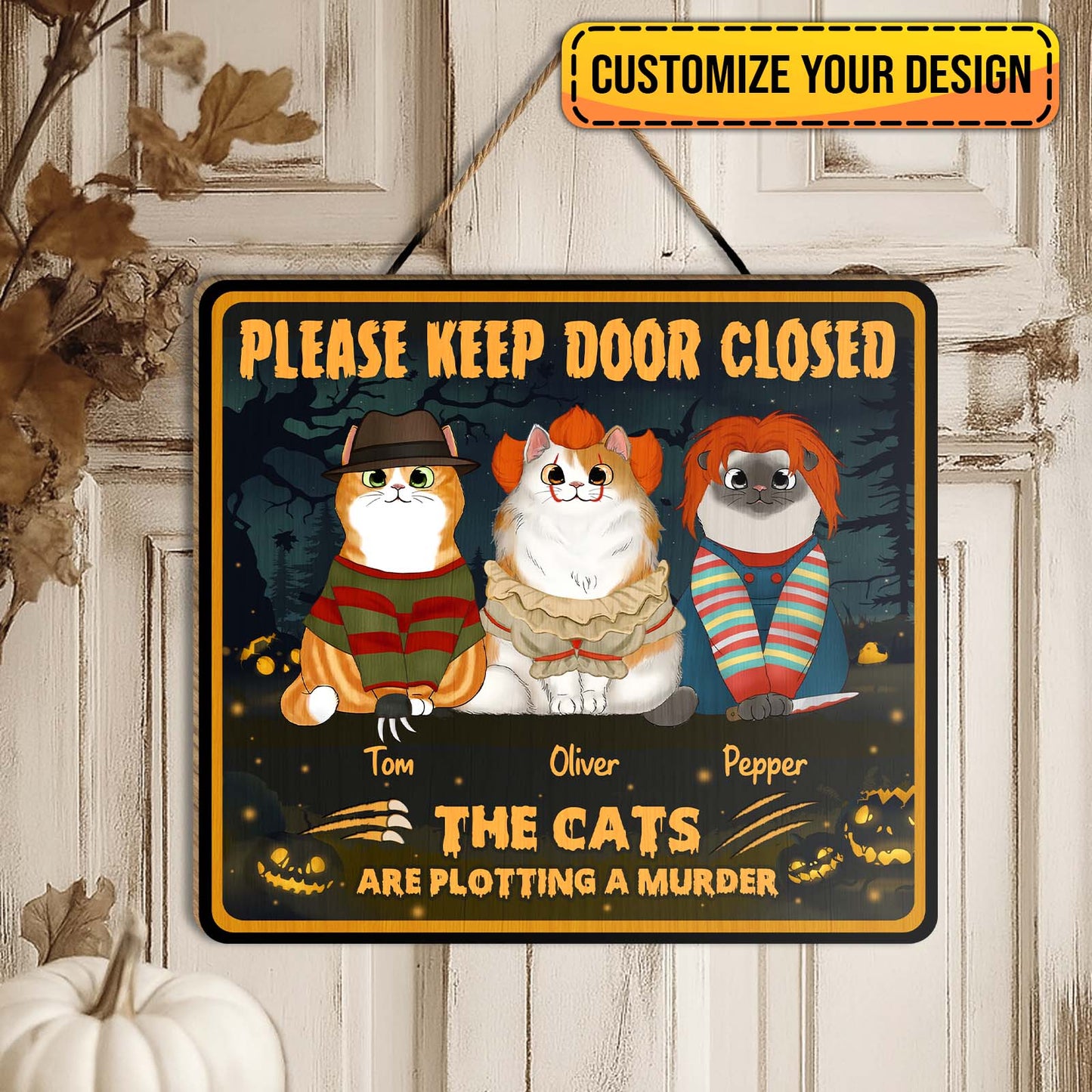 White ceramic mug with blue butterfly sisters design and names Sarah Linda Sophia resembling personalized cat door sign