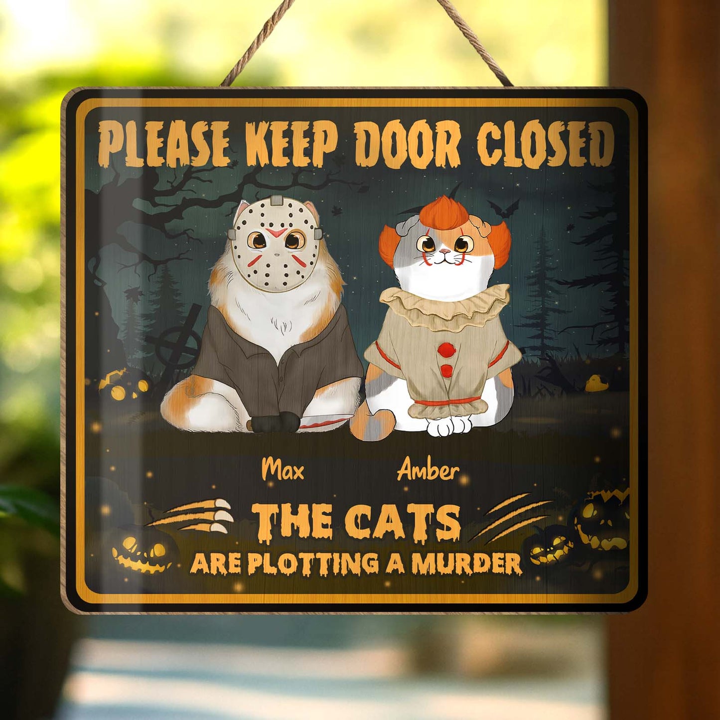 Round wooden personalized cat door sign featuring Halloween skeleton family plaque with custom names and witty warning