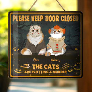 Round wooden personalized cat door sign featuring Halloween skeleton family plaque with custom names and witty warning