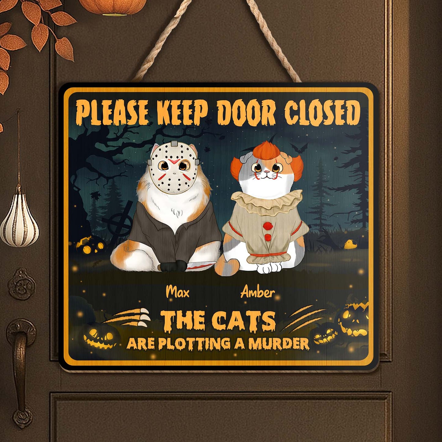 365Gifty personalized cat door sign Halloween plaque with two cats in horror costumes pumpkins and Please Keep Door Closed text