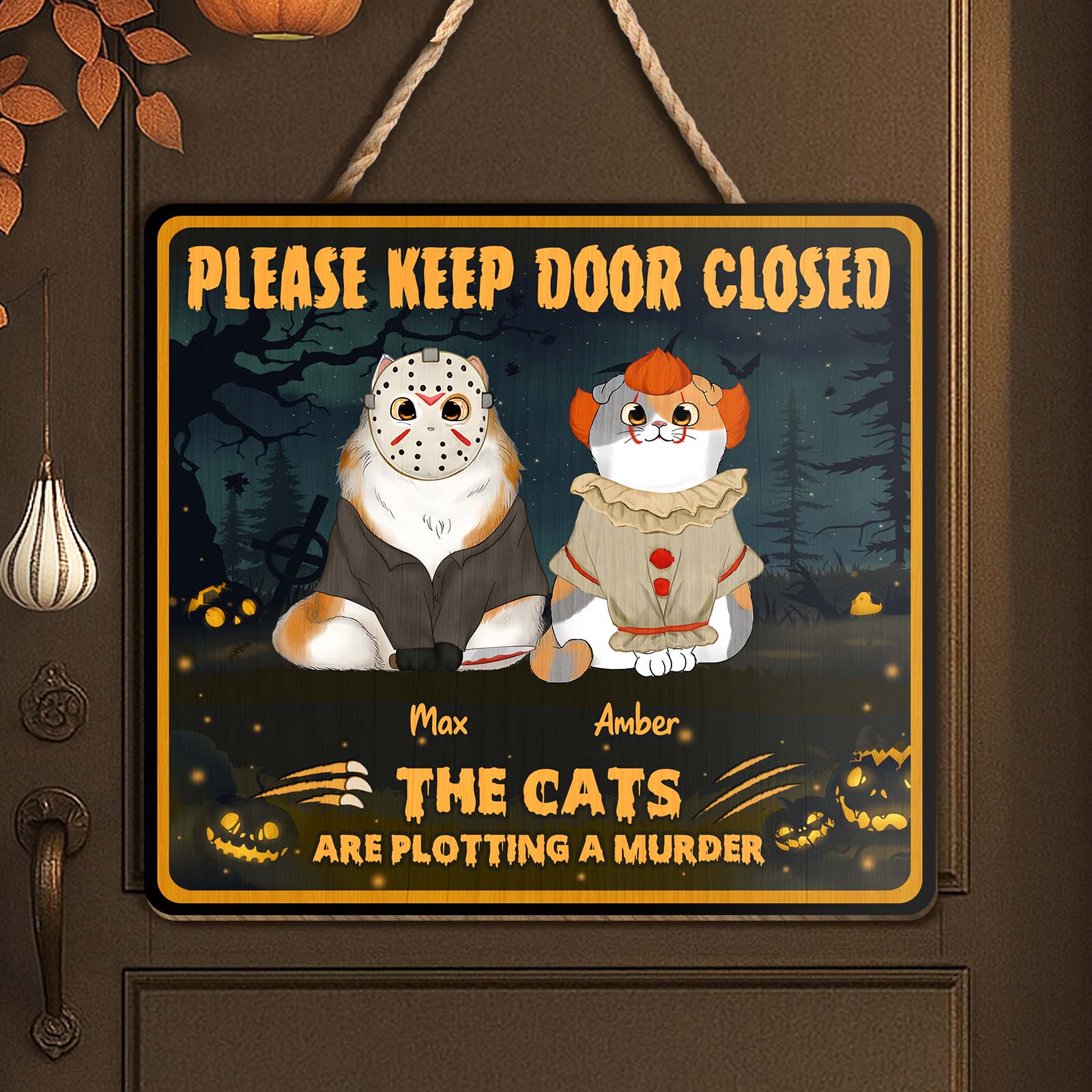 365Gifty personalized cat door sign Halloween plaque with two cats in horror costumes pumpkins and Please Keep Door Closed text