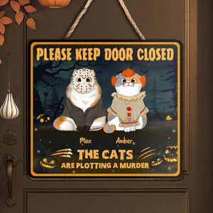 365Gifty personalized cat door sign Halloween plaque with two cats in horror costumes pumpkins and Please Keep Door Closed text
