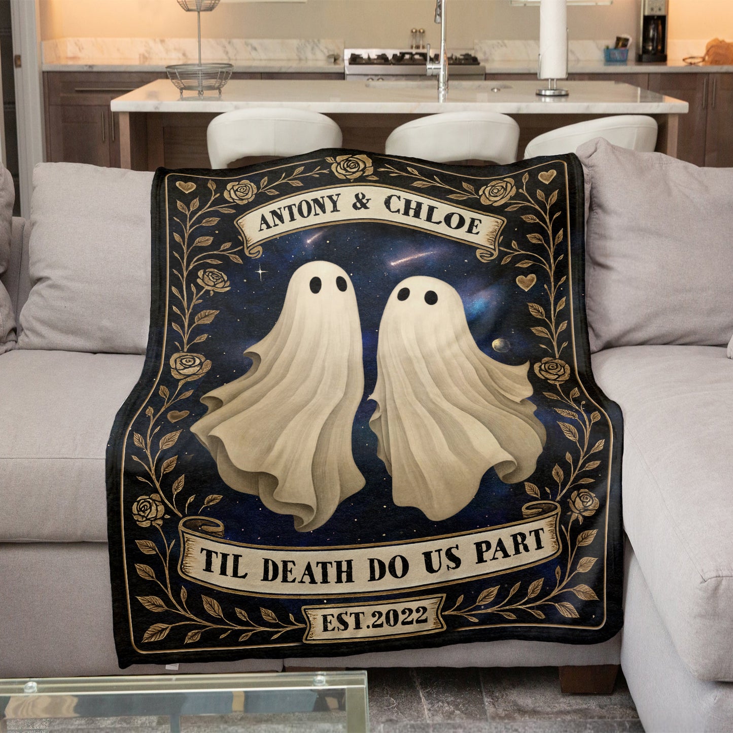 personalized Halloween blanket for couples featuring two ghosts names Antony and Chloe TIL DEATH DO US PART banner