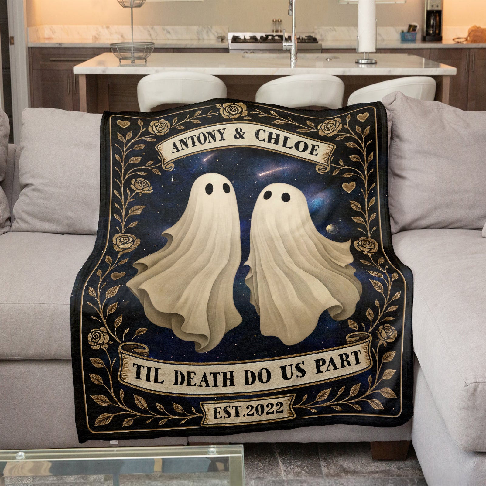 personalized Halloween blanket for couples featuring two ghosts names Antony and Chloe TIL DEATH DO US PART banner