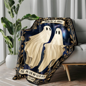 365Gifty personalized Halloween blanket for couples featuring two floating ghosts gold floral border and Til Death Do Us Part